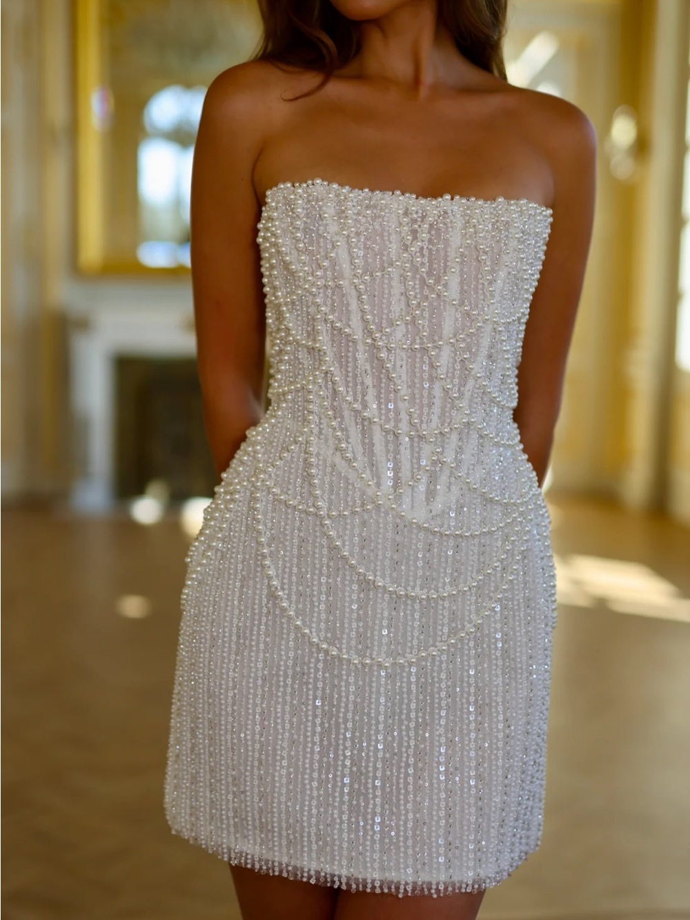 Strapless Pearl-Embellished Mini Dress — White - Picture 2 of 6